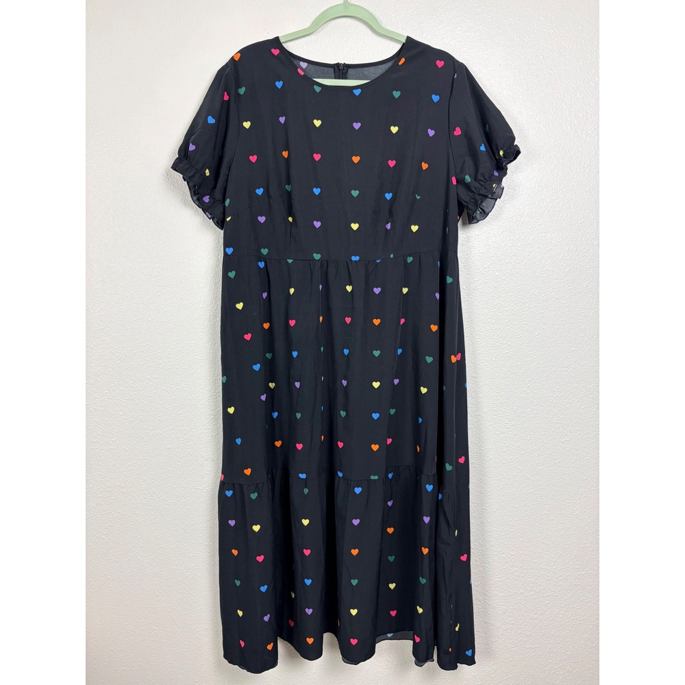 Black Dress Teacher Rainbow Heart Midi Ruffle Sleeve Tiered Cottagecore Pride